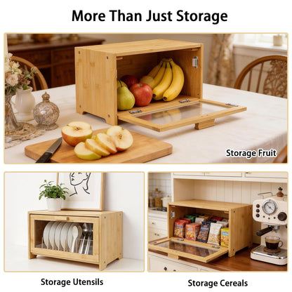 EQEY Bamboo Bread Box for Kitchen Countertop,Large Bread Storage Container with window,Modern Bread Storage Bin for Homemade Bread Organizer (Single Layer)