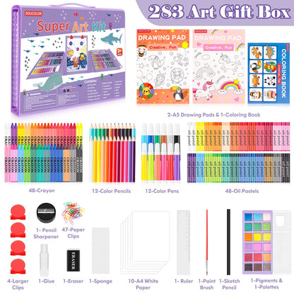 Soucolor Art Supplies, 283 Pieces Drawing Set Art Kits with Trifold Art Easel, 2 Drawing Pads, 1 Coloring Book, Crayons, Pastels, Arts and Crafts Gifts Case (Purple)