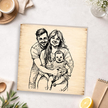 Personalized Sketch Photo Wooden Block Sign, Custom Hand Drawn Family Portrait from Photo, Meaningful Keepsake Shelf Sitter Home Decor Gift for Parents Grandparents