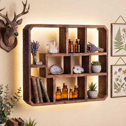 Pinkunn LED Rustic Shadow Box Display Shelf with Lights, 9 Compartments Wood Hanging Display Floating Shelves, Multi-Slot Wall Mounted or Freestanding Farmhouse Decor Displays Case for Collectibles