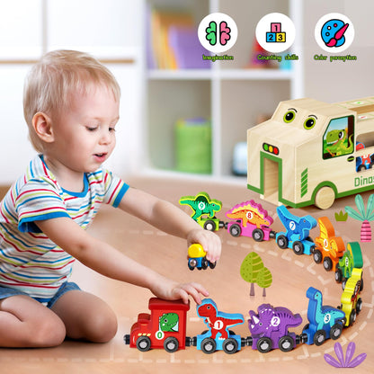GJZZ Wooden Dinosaur Truck & 10 Magnetic Wooden Dinosaur Train Set