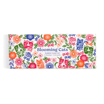 Galison Blooming Cats – Rubber Stamp Set Includes 4 Beautiful Colored Ink Pads and 11 Unique Cat Themed Wooden Stamp Blocks