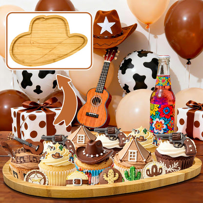 1Pcs Wooden Cowboy Baby Shower Party Decoration Hats Charcuterie Board First Rodeo Birthday Plates Cowgirl Serving Trays Reusable Fillable Food Platter for Western Gender Reveal Tabletop Supplies