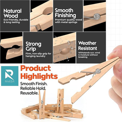 RIVEDA 50pcs Wooden Clothes Pins