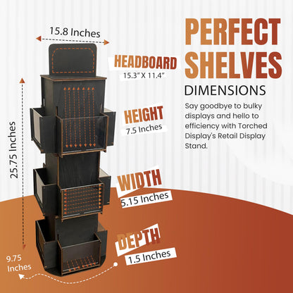 Rotating Greeting Card Display Stand, 3 Tier Wooden Organizer, 4-Sided Display Rack 360 Degree Spinning Multi-Pocket Display for Coasters, Stickers, Retail, Showcase, Tradeshow (Ebony)
