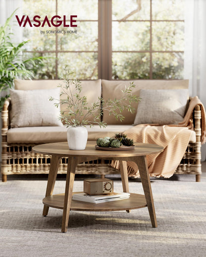 VASAGLE MAEZO Collection - Round Coffee Table, 2-Tier Center Table with Storage, Tapered Legs, Curved Transitions, 31.5 Dia. x 17.7 H Inches, Easy Assembly, for Living Room, Honey Brown ULCT243K41
