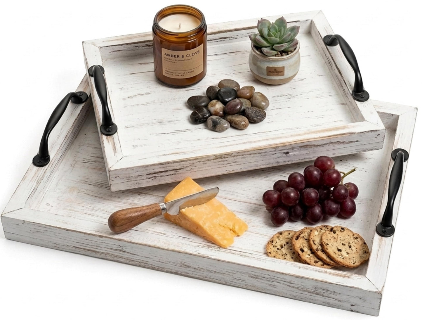 Gennua Kitchen Rustic Serving Tray Set with Handles, 2 Nesting Wooden Trays for Coffee Table, Ottoman, Serving Food, Farmhouse Decor, Distressed White Finish