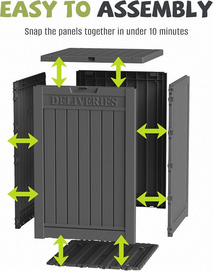 55 Gallon Outdoor Package Delivery Box Waterproof with Lockable, Weatherproof Secure Parcel Drop Box for Porch, Resin Outside Storage Boxes Black
