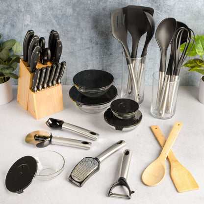 Gibson Home 74 Piece Kitchen in a Box Pots and Pans Cookware, Plates and Bowls Dinnerware, Cutlery Knife Block, Flatware Utensils, Tools & Gadgets, Storage, Glasses Set