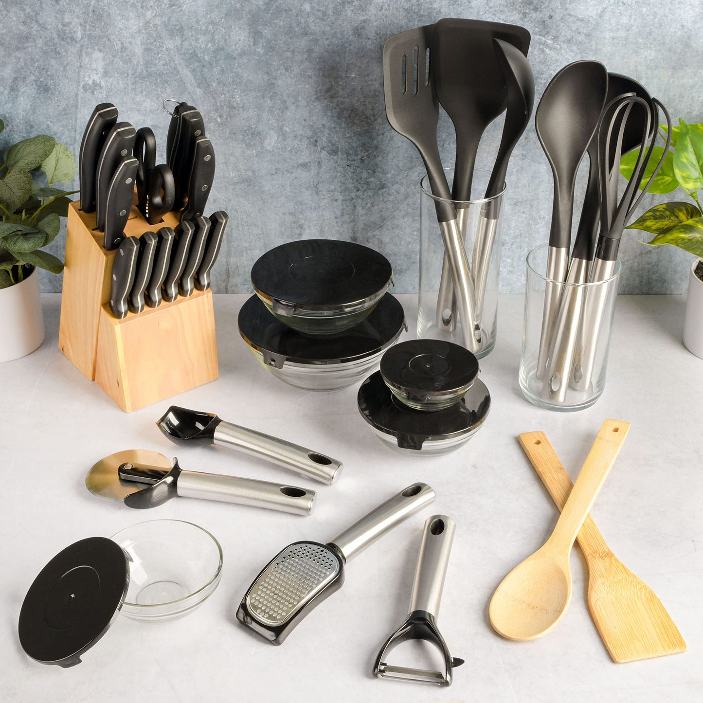 Gibson Home 74 Piece Kitchen in a Box Pots and Pans Cookware, Plates and Bowls Dinnerware, Cutlery Knife Block, Flatware Utensils, Tools & Gadgets, Storage, Glasses Set