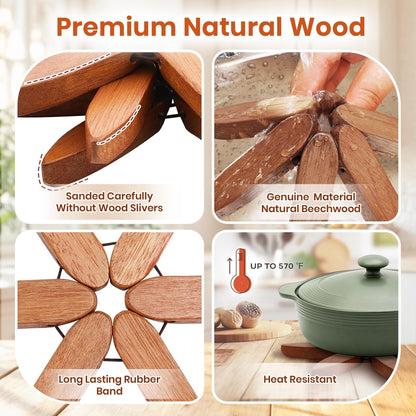 5Pcs Wooden Trivets for Hot Dishes - Heat Resistant Hot Pads for Kitchen, Tree Shaped Wood Trivet Set of 5 with Stand, Walnut Wooden Kitchen Accessories for Pots and Bowls (Walnut Wood 5)