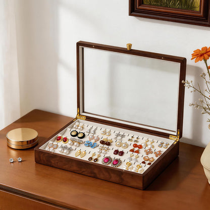 Vwixkuxx Black Walnut Wooden Earring Box, 40 Pairs Earrings Natural Solid Wood Jewelry Organizer Tray with Clear Glass Lid, Desktop Velvet Lined Holder Display Case for Women Girls Gifts for Mom.
