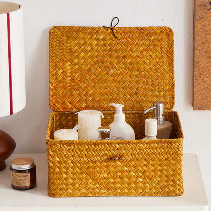 EugroVanth Wicker Storage Box with Lid, Handwoven Baskets for Storage, Rectangle Decorative Baskets Bins Container for Shelf Organizing Home, Set of 3, Natural