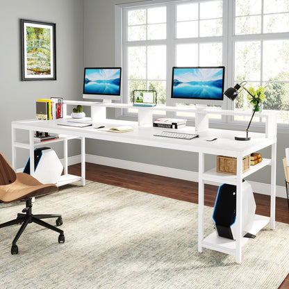 Tribesigns Two Person Desk with Monitor Stand, 78.74" Long Double Computer Office Desk with Storage Shelves, Large Gaming Desk Study Writing Table Workstation for Home Office (White)