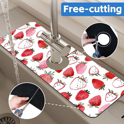 Watercolor Strawberry Kitchen Sink Splash Guard Mat Absorbent Fast Drying Mat