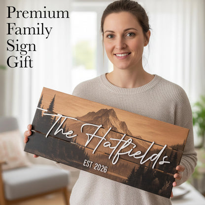 Custom Mountain Family Name Sign - Rustic Wood Wall Decor, Personalized Wedding & Gift for Couples Anniversary, Housewarming Gift for New Home 23x10" (Standard Size)