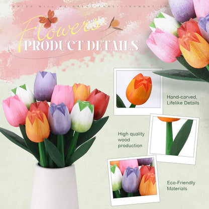 CroBlissful 10 Pcs 9 Inch Spring Wooden Tulip Flowers Gift for Graduation Spring Decorations for Home Wood Tulips Table Centerpieces for Vase Tabletop, April Showers Bring May Flowers Decor