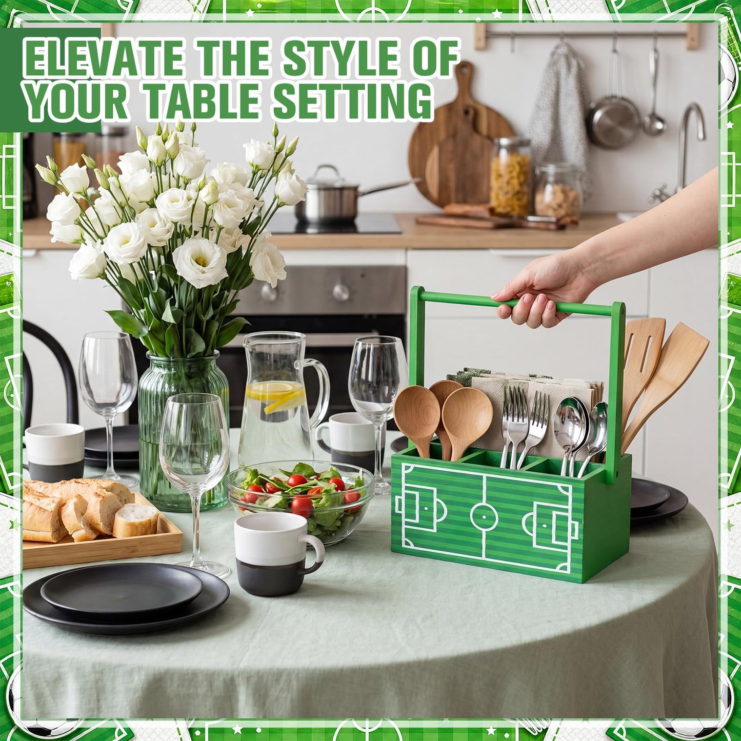 Gerrii Wood Soccer Utensil Caddy, 9.1x5.9x4.5 Inches Utensil Silverware Holder for Party, 4 Pockets Utensils Cutlery Cup Napkin Holder with Handles for Game Day Birthday Decoration