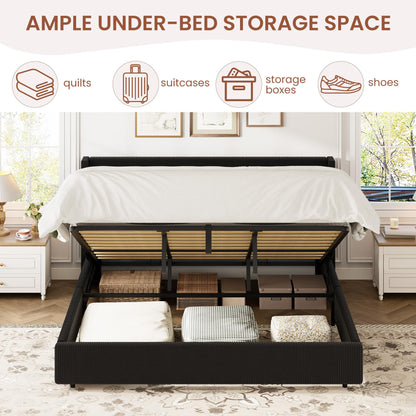 GarveeHome King Size Lift Up Storage Bed Frame, Corduroy Upholstered Platform Bed with Gas Lift, Padded Headboard, Wooden Slat Support, No Box Spring Needed, Black