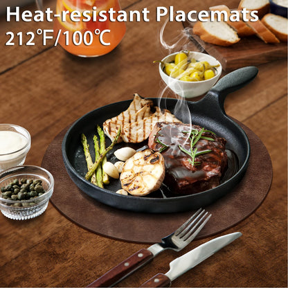 ADRIMER Placemats, Heat Resistant Round Placemats Set of 8 Washable, Waterproof Table Mats, Wipeable Faux Leather Place Mats for Kitchen, Dining Room, Brown