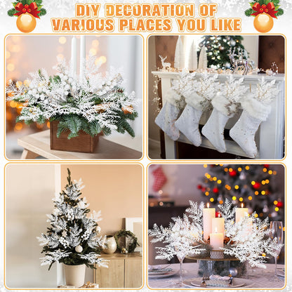 Cindeer 80 Pcs White Christmas Glitter Berries Stems Pine Needles Christmas Artificial Picks Fake Floral Twig Spray for Xmas Tree Ornaments DIY Wreath Garland Decorations