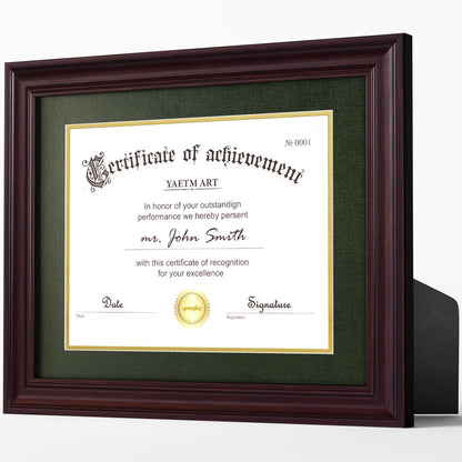 Yaetm 11x14 Diploma Frame, Certificate Frame with Tempered Glass, Display 8.5x11 Document with Dark Green Over Gold Acid-free Mat or 11 x 14 without Mat, Wide Molding (Single, Brown/Green)