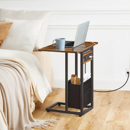 HOOBRO C Shaped Side Table with Charging Station, Foldable End Table with Fabric Bag, Sofa Couch Tray Table for Small Space in Living Room, Bedroom, Rustic Brown and Black BF30USF01