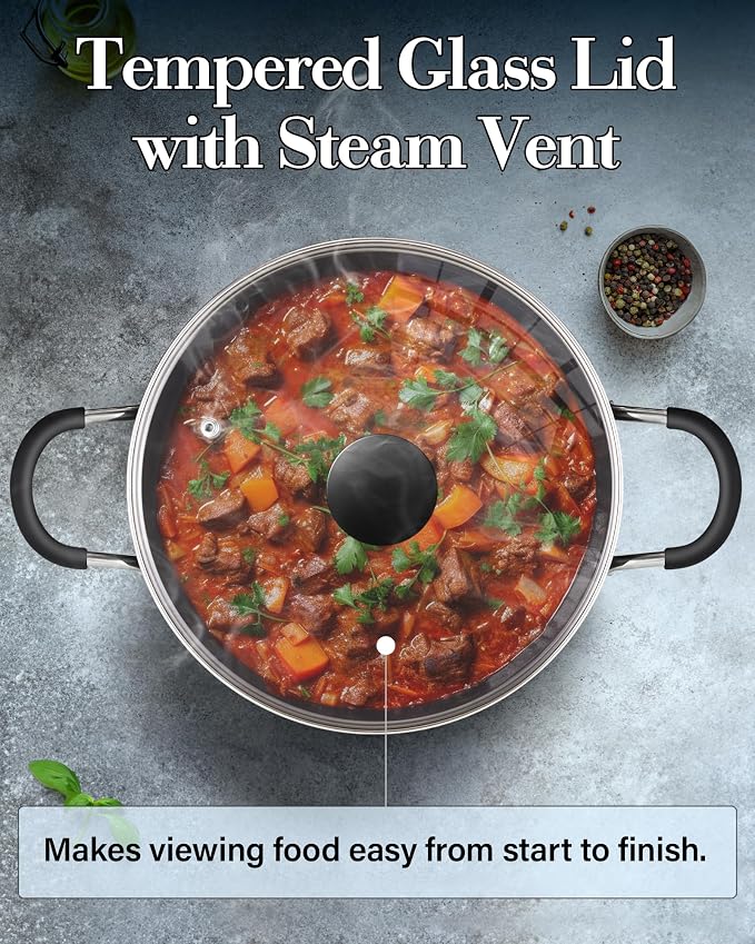 Cook N Home Professional 8 Quart Non Stick Stock Pot with Lid, Riveted Handles, Big Soup Pot for Holiday Feasts, Stockpot with Even Heating, Induction Cookware, Oven & Dishwasher Safe, Marble Red