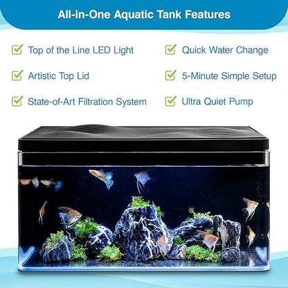 Harmony Deluxe 8 Gallon All-in-One Aquarium Kit, Award-Winning Fish Tank with Lid, Integrated Filtration, LED Light, Low-Iron Glass, Black Tank with Oak Grain Top