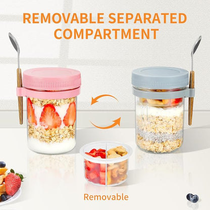Xyptorix 6 Pack Overnight Oats Containers with Lids and Spoons, 16 oz Mason Jars with Removable Separate Compartments, Airtight and Leak-Proof Glass Jars for Chia Pudding, Yogurt, and Oatmeal
