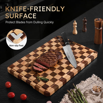 Nomsters 3 Packs Cutting Boards for Kitchen Checkered Cutting Board Acacia Wood Charcuterie Board Serving Heavy Duty Non Toxic Slip Butcher Block Wood Chopping Board with Juice Grooves Handles