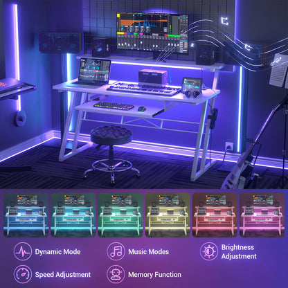 Armocity Music Studio Desk, Music Production Workstation with Power Outlets and RGB LED Lights, Recording Studio Table Desks Music Producer for Home, White