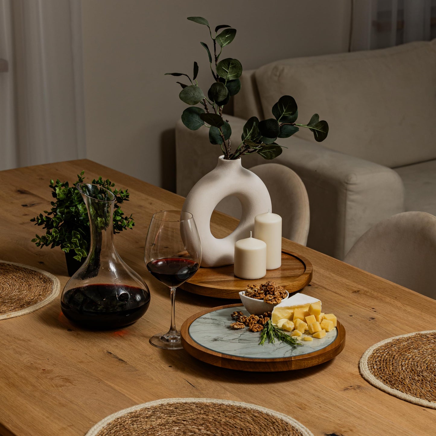 Rickby, 12" Premium Acacia Wood Lazy Susan Turntable for Table Top with Removable Marble Texture Glass Plate, Wooden Lazy Susan for Dining Table Centerpiece & Kitchen Countertop