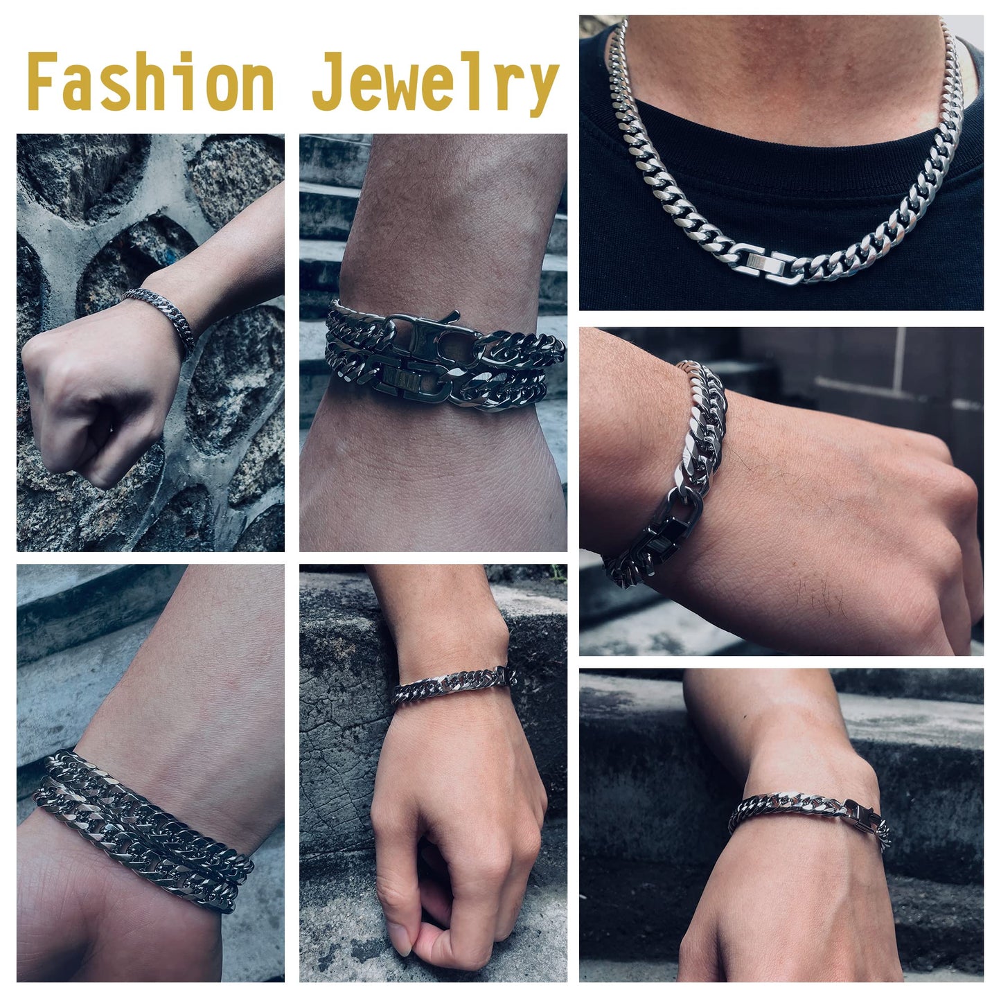 Aoody 3PCS Cuban Link Bracelet Necklace, Sturdy 316L Stainless Steel Cuban Link Chain for Men Jewelry Set 8mm, 7inches