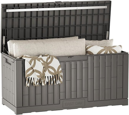EAST OAK 120 Gallon Outdoor Storage Box | Large Resin Deck Box with Reinforced Stainless Steel Support | Waterproof & UV-Resistant Patio Storage Box for Cushions, Garden Tools & Pool Accessories, Grey