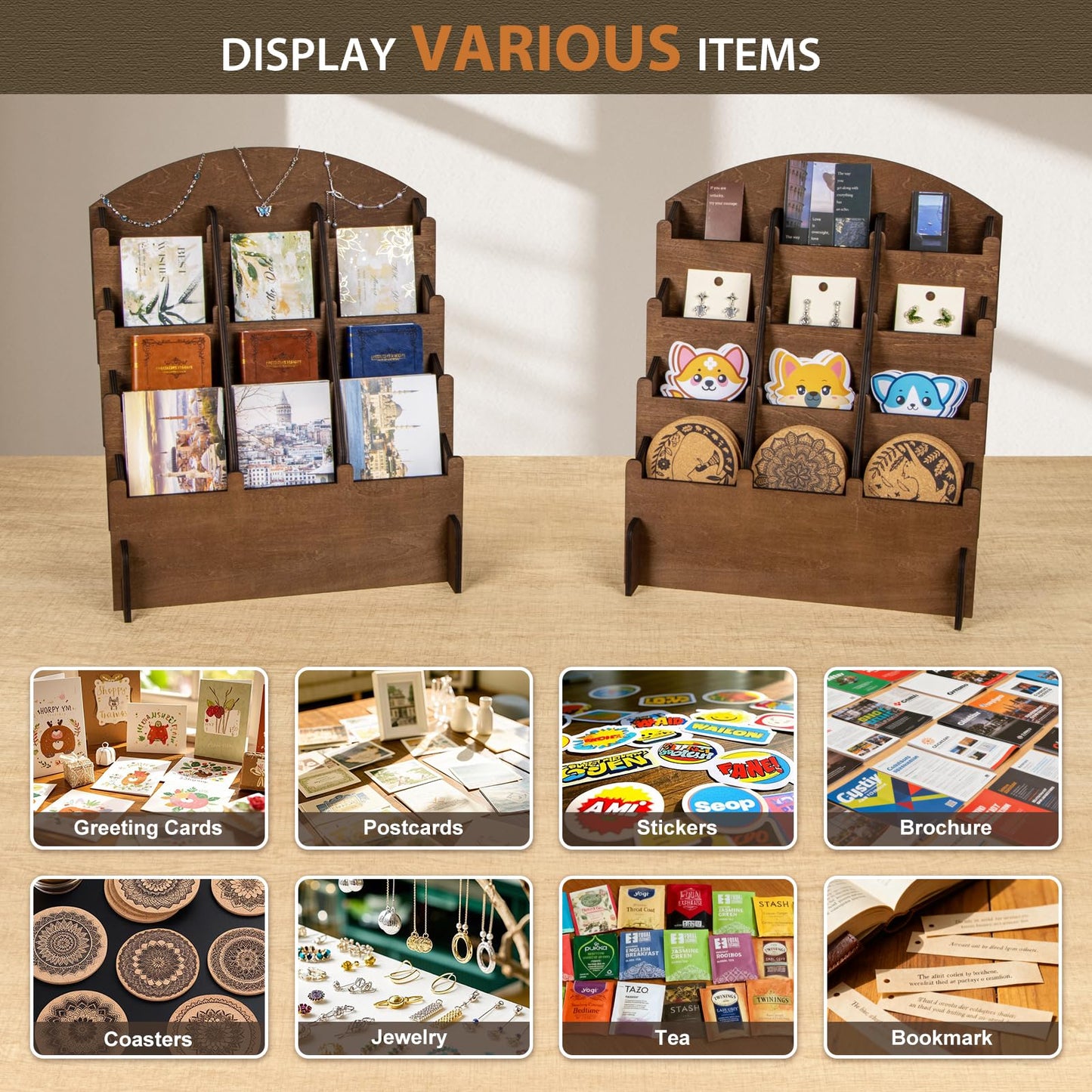 PUERSI Wooden Sticker Display Stand, Sticker Holder Display Organizer with 12 Pockets for Greeting Card, Postcard, Coaster, Bookmark, Brochure, Vendors, Retail, Brown