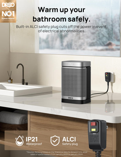 DREO Space Heater for Bathroom and Indoor, Portable Heater, 1500W Safe and Quiet PTC Ceramic Heater, 41-95°F Digital Thermostat, 70°Oscillating, Remote, ALCI Safety Plug, 12h Timer, 5 Modes