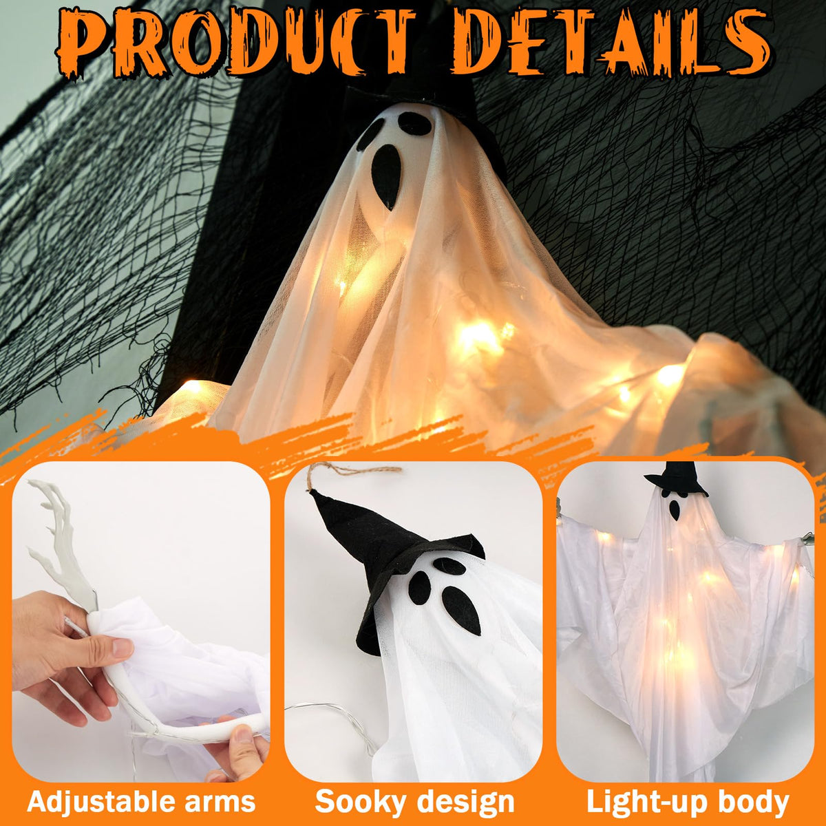 SUNBEAUTY Halloween Decorations Outdoor, Halloweens Party Decoration Indoor, Spooky Ghost with Remote Control String Lights, Halloween-Ghost Lights for Porches Yards Gardens Lawn