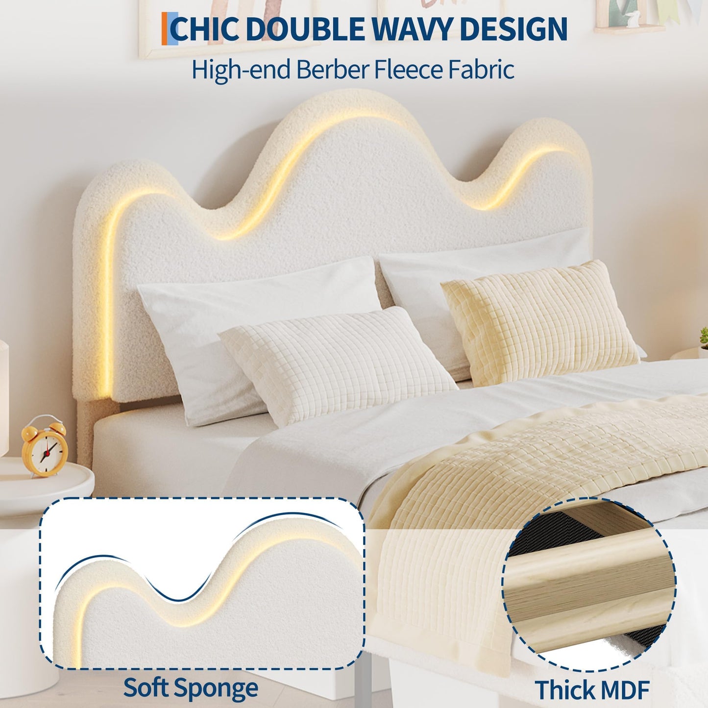 GarveeHome Full Bed Frame with Adjustable Headboard and Storage Drawer, Boucle Upholstered Platform Bed with LED Light for Kids, Lamb Fleece Fabric, Wooden Slats Support, No Box Spring Needed, White