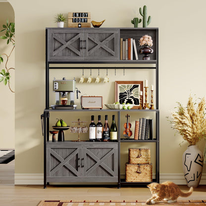 Huuger Large Bakers Rack with Power Outlet, Kitchen Microwave Stand with Cabinets, Coffee Bar Table Station with Storage, 6 S-Shaped Hooks, Mesh Shelves, 45 Inch Wooden Top, Grey