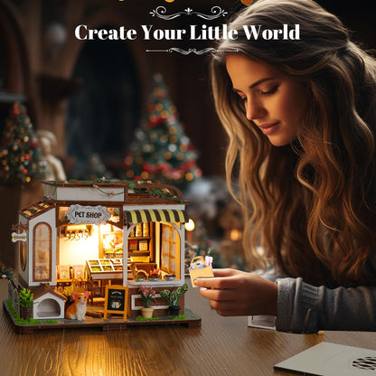 DIY Book Nook Kit - Bookend Diorama with LED - 3D Wooden Puzzle DIY Miniature House Kits - Bookshelf Insert Decor - Booknook Dollhouse Crafts Hobbies Gifts for Adults (Pet Shop)