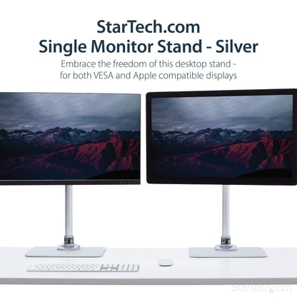 StarTech.com Single Monitor Stand, Adjustable, Supports UHD, iMac and Apple Thunderbolt Displays from 12'' to 34" (30.9lb/14kg), Premium Single Screen VESA Monitor Mount Stand, Silver, TAA