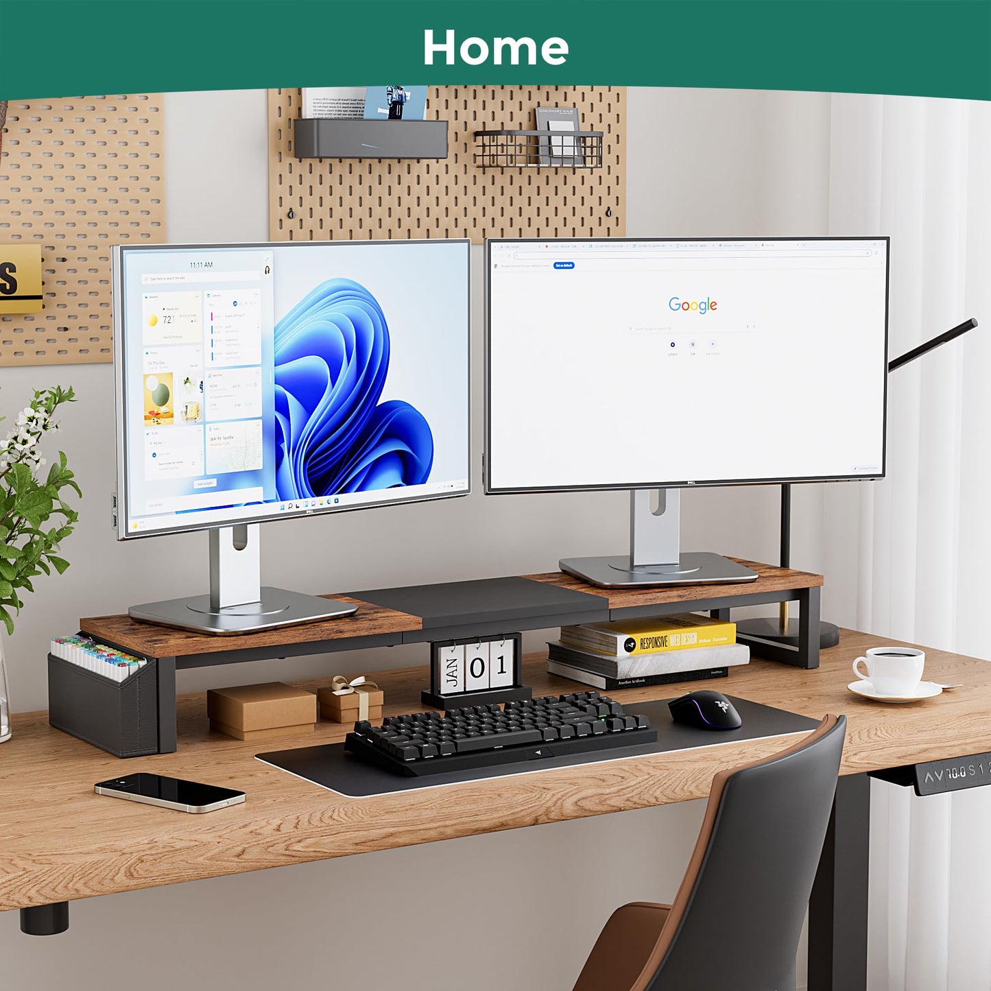 VERSASKY Dual Monitor Stand Riser, 41.5'' Extra Long Wood Monitor Stand Desktop Organizer with Side Pocket, Ergonomic Monitor Riser Supports 2 Monitors,TV,Laptop,Printer for Home Office, Rustic Brown