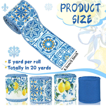 4Rolls 20 Yards Lemon Wired Edge Ribbon 2.5inch Summer Blue Tiles Yellow Lemon Printed Fabric Ribbon for Wreath Bow Making DIY Crafts Wrapping Supplies