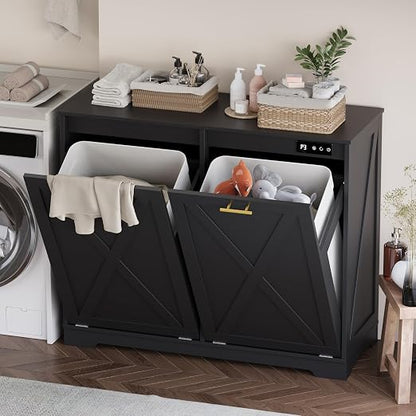 Double Tilt Out Trash Can Cabinet, Wooden Farmhouse Kitchen Garbage Bin Enclosure with Negative Ion Odor Control, Hidden Dog Proof Trash or Laundry Basket Storage for Laundry Room, Black