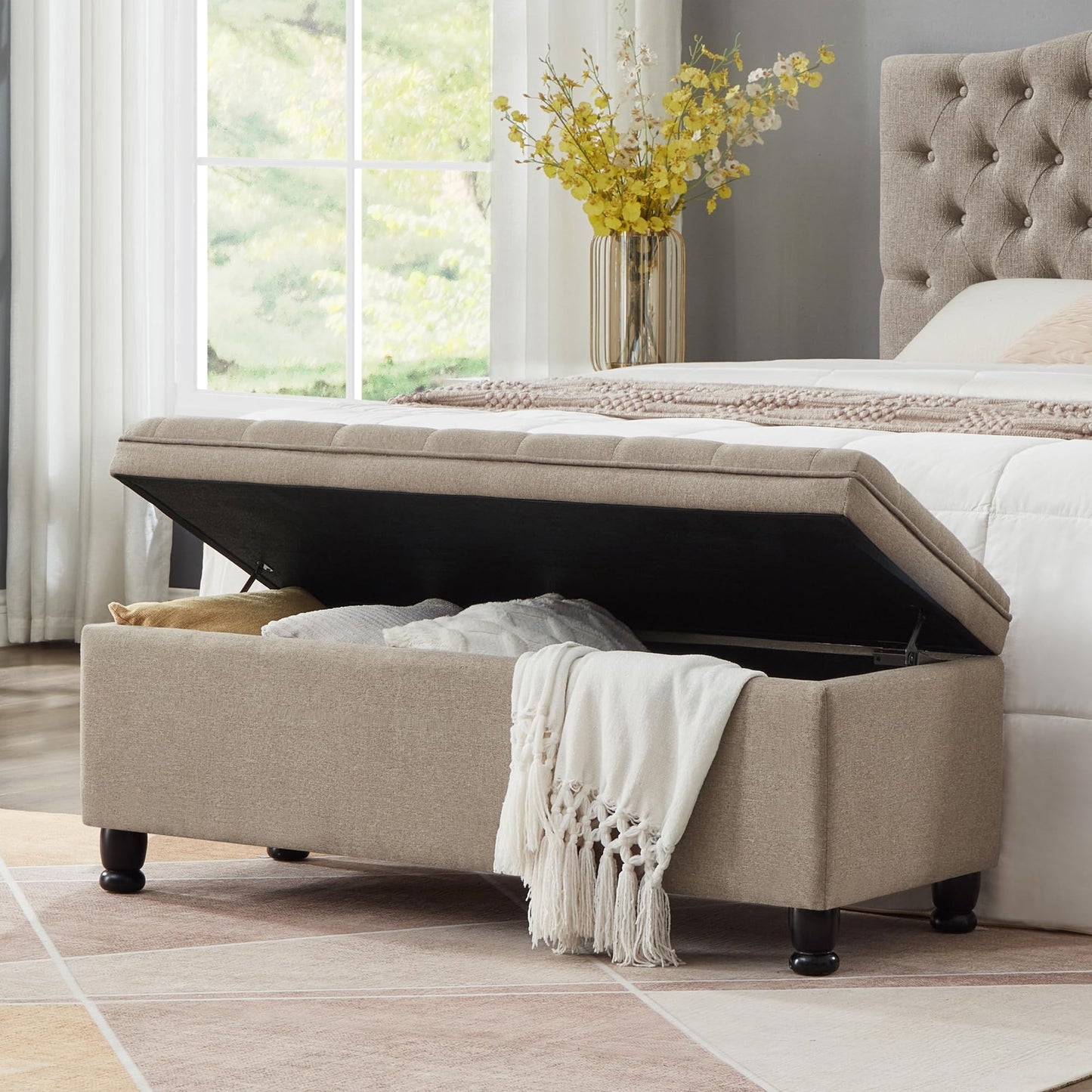 Jintop 45" Comfortable Seating Tufted Buttons Bench with Storage, Entryway Ottoman W/Spindle Wooden Legs,Footrest Stool for Living Room,Bedroom,Linen