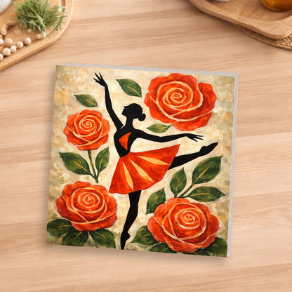 Dancer Floral Wooden Block Sign, Feminine Ballet Art Decor, Red Rose Dance Illustration Shelf Sitter, Elegant Home Table Mantel Tiered Tray Gift for Dance Lover