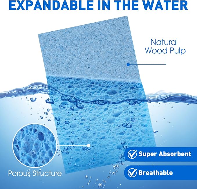 60 Pack Compressed Cellulose Sponges, Non Scratch Kitchen Sponge for Cleaning, Multipurpose sponges Bulk for Kitchen, Bathroom, DIY