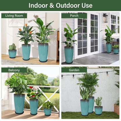 Neoaider 24/21/12 Inch Large Plastic Planter, Lightweight Ceramic-Look Tall Planters with Drain Hole & Saucers, Tall Plastic Planters for Porch, Garden, Patio, Balcony(Sky Blue)