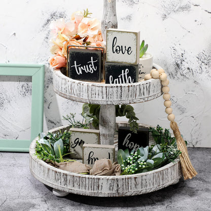 Qunclay 6 Pieces Farmhouse Tiered Tray Decor Inspirational Rustic Wood Sign Faith Love Hope Wooden Table Decorations Art Print Wooden Block Signs for Office Home Tabletop Bookshelf, 2.5 x 2.5 Inch